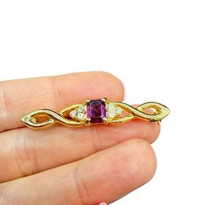 Vintage Gold Tone Bar with rhinestone and purple stone Purple Bar Pin Brooch